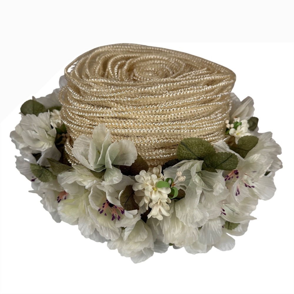 VINTAGE Schiaparelli Paris Floral Spring Hat Ivory Cream Flowers with Hat Box
